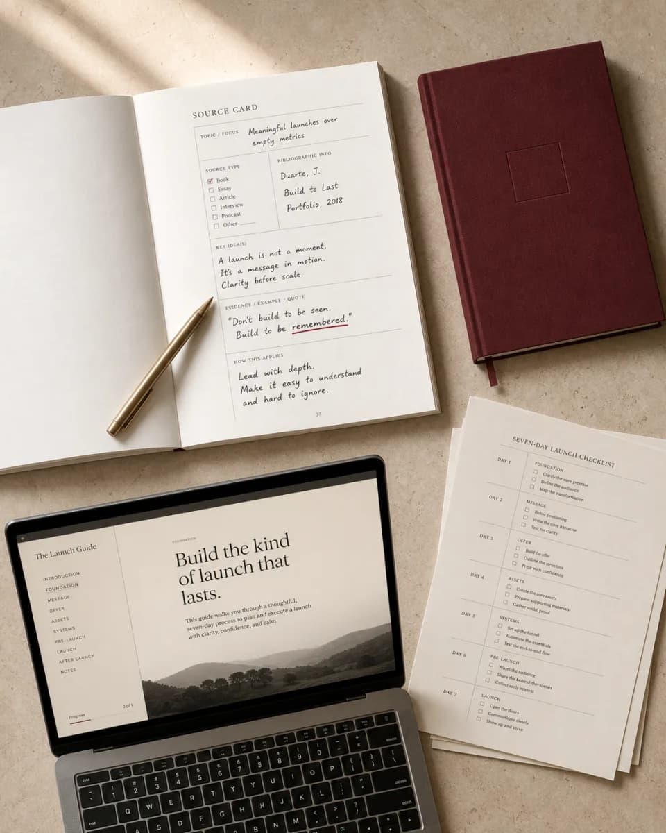 Editorial product still life of The Vale Method guide, workbook, and launch board