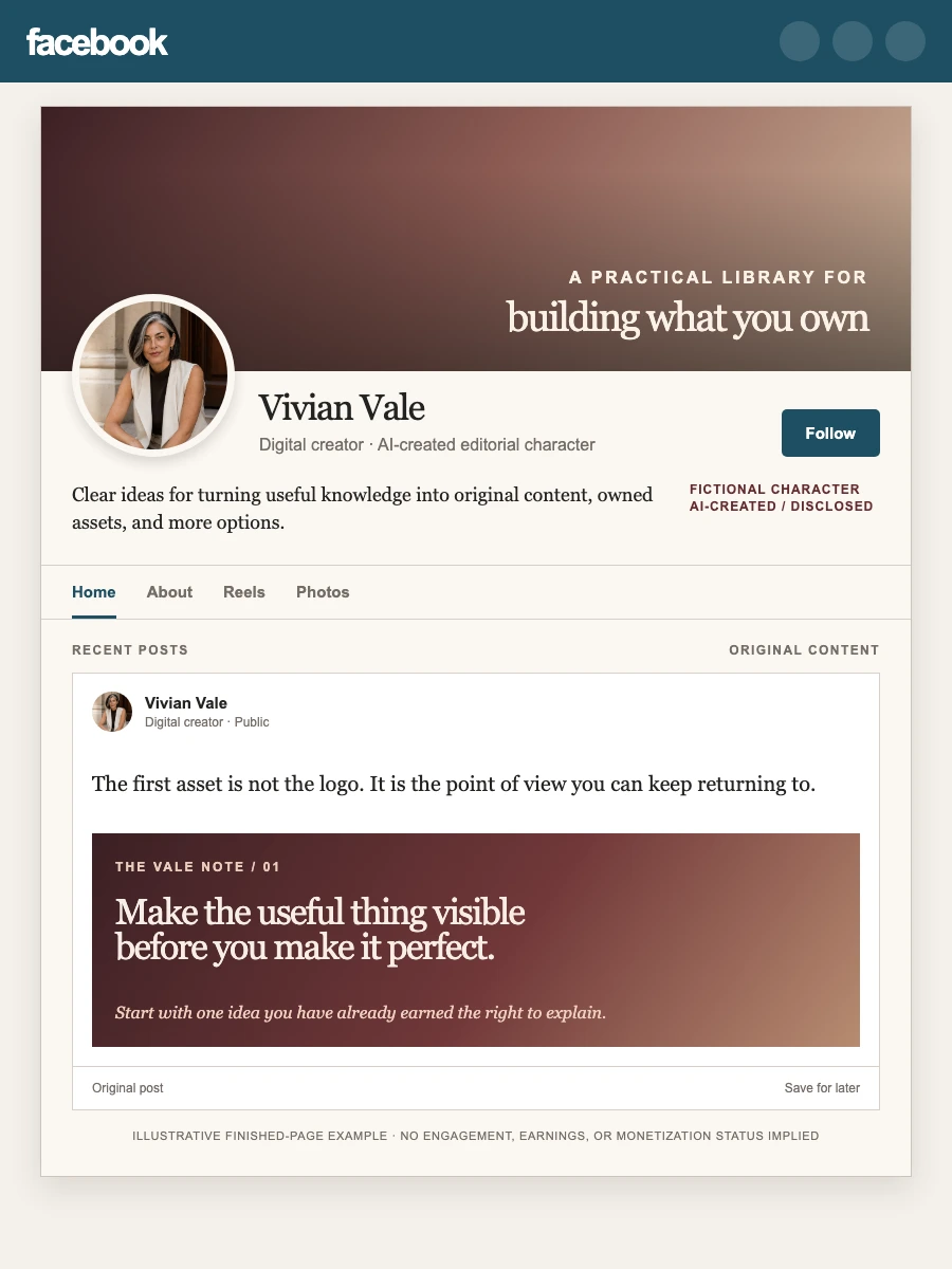 Illustrative finished Vivian Vale Facebook Page with a complete profile and original post