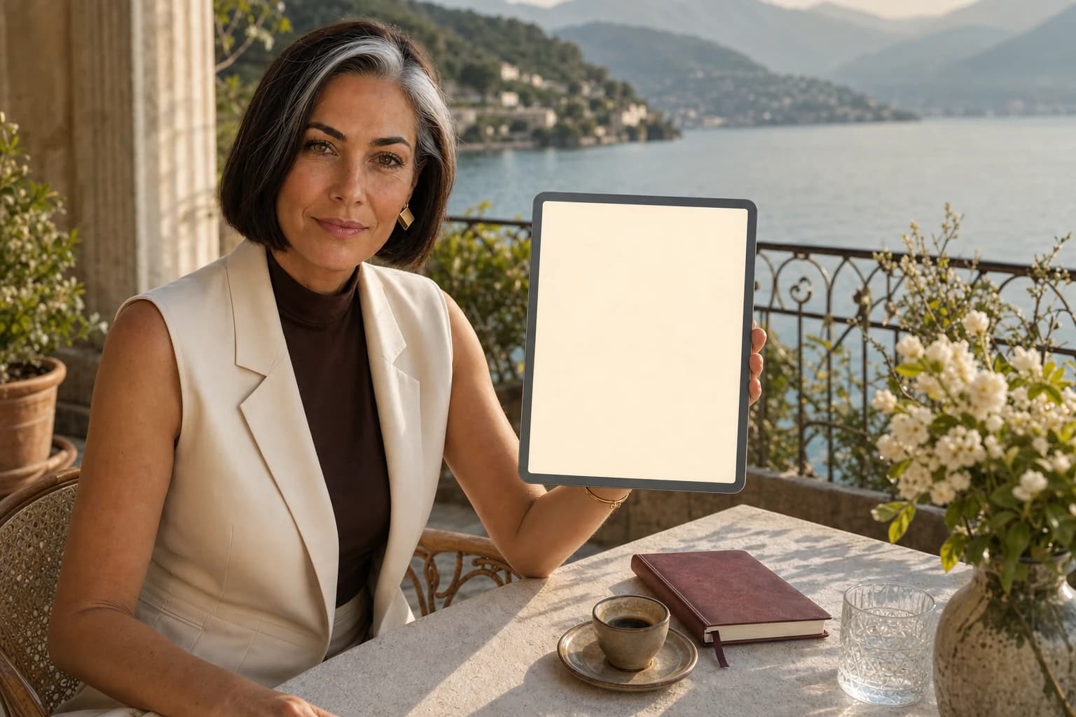 Vivian Vale holding a tablet on a Lake Como loggia in an illustrative quiet-luxury setting